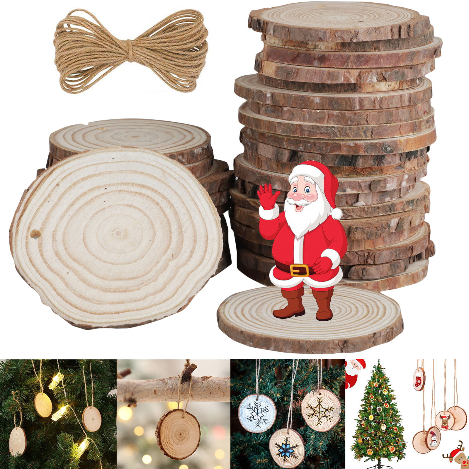Natural Wood Slices 30 Pcs 2.4-2.8 inches Craft Wooden Circles Unfinished Wood Slices kit Predrilled Hole with 33 Feet String for Arts Wood Slices Christmas Ornaments DIY Crafts 