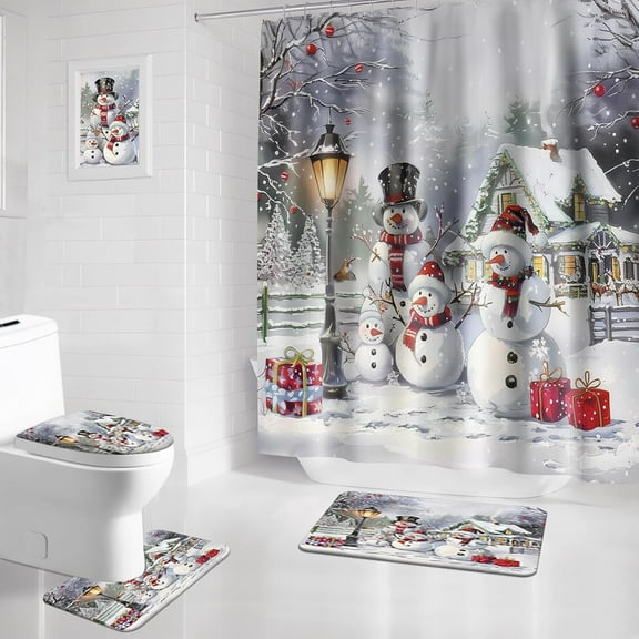 Christmas Snowman Shower Curtain Sets with Rugs for Bathroom Decor, Nons Slip Absorbent Rug, U Shaped Bath Mat, Toilet Lid Cover, Funny Xmas Winter Bathroom Accessories with 12 Hooks