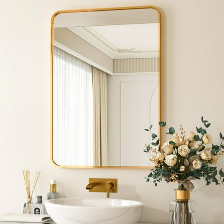 BEAUTYPEAK 24"x36" Wall Mirror Rounded Corners Hanging Vanity Mirror Gold