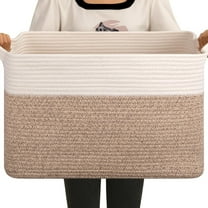 65L Blanket Basket, Cotton Rope Woven Blanket storage for Living Room, Rectangle Woven Baskets for Storage, 20''×16''×12'', Brown and White