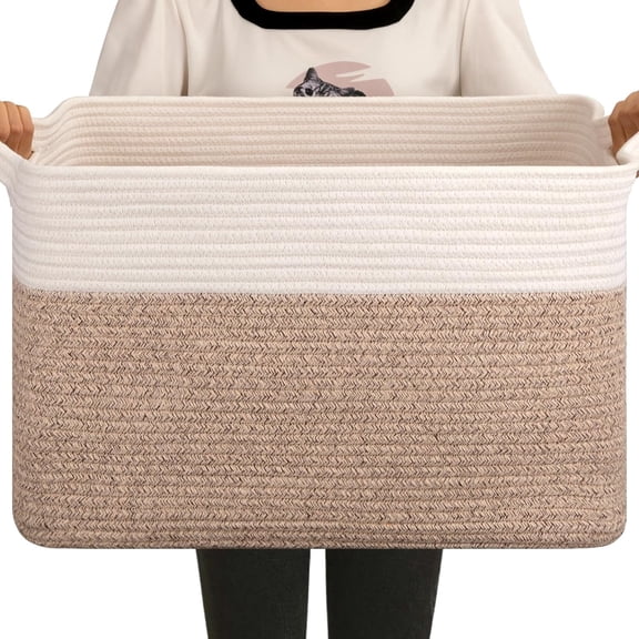 65L Blanket Basket, Cotton Rope Woven Blanket storage for Living Room, Rectangle Woven Baskets for Storage, 20''×16''×12'', Brown and White