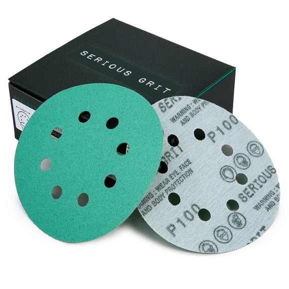 Serious Grit Sanding Discs 5 Inch 8 Hole 100 Grit - Heavy-Duty Hook & Loop Wet Dry Film Sandpaper Discs - Fine Grit Sand Paper for Random Orbital Sanders - Wood, Automotive, Metal, etc - 50 Pack Box
