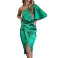 thumbnail image 3 of STARVNC Women Oblique Shoulder Pleated High Waisted Split Hem Midi Dress, 3 of 7