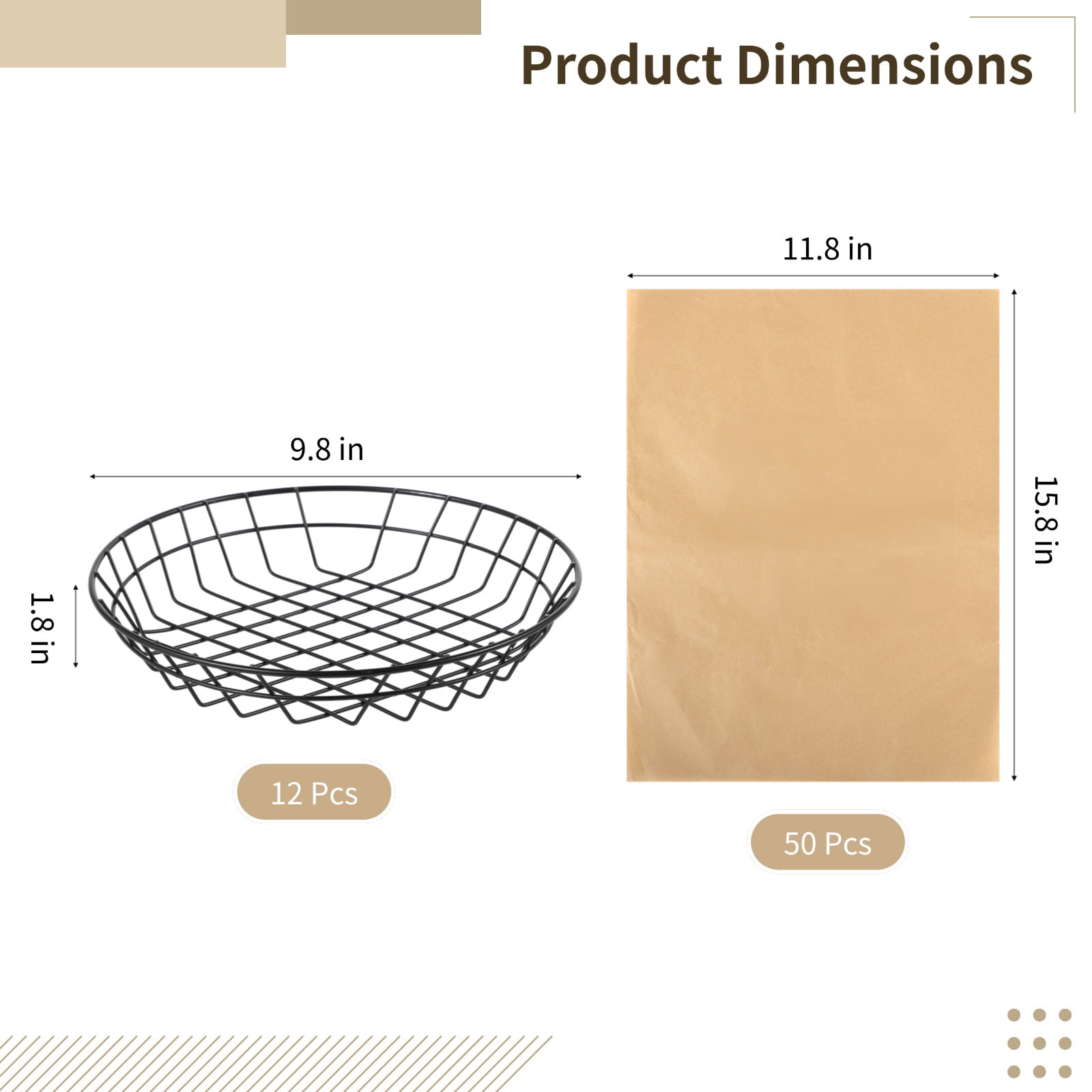 12 Pack Food Serving Wire Baskets,with 50 Deli Papers & Oil-Absorbent Liners,Commercial Snack or Bread Baskets for Restaurants,Catering,Parties