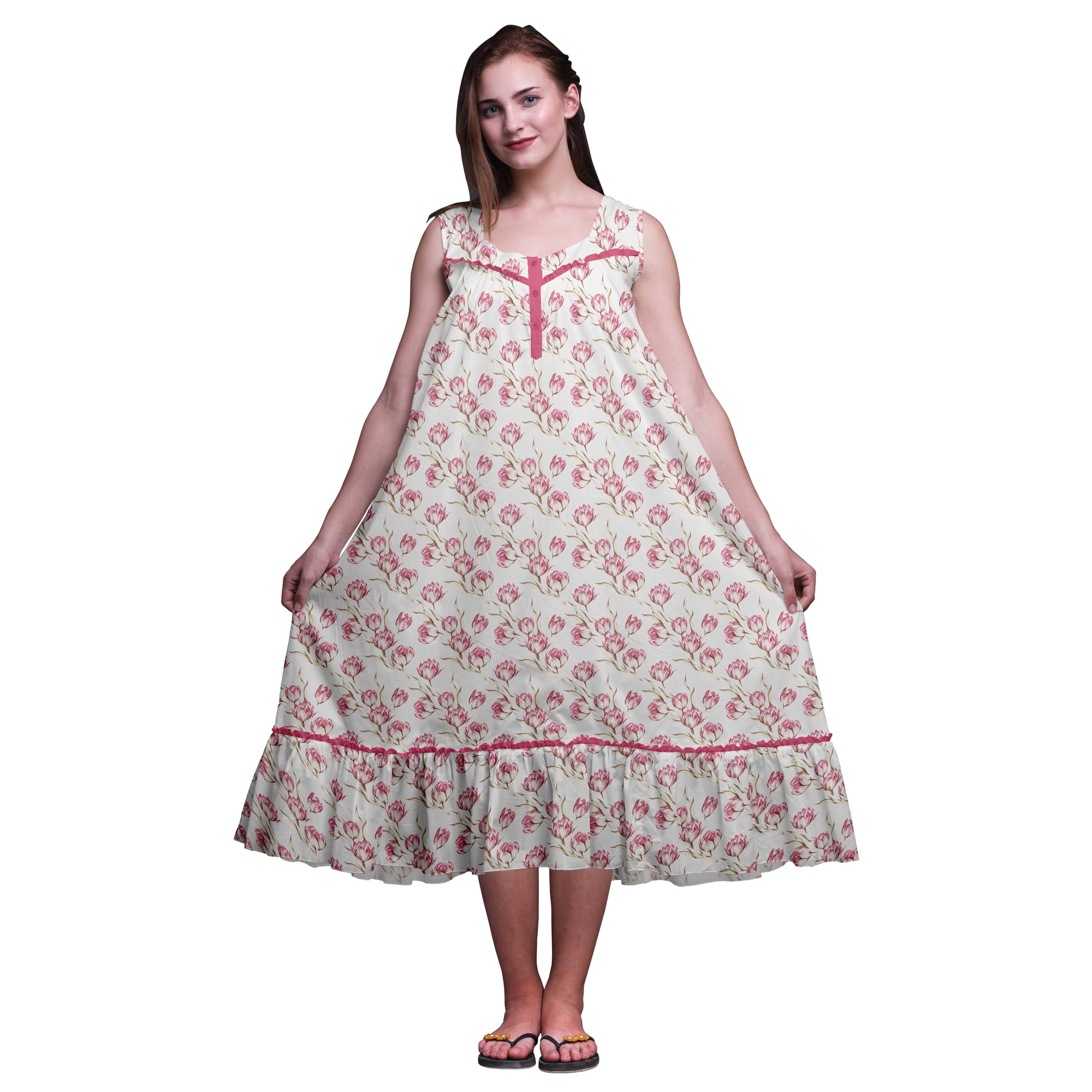 Bimba Pink13 Floral Leaves & Magnolia Printed Cotton Nightgowns For Women Sleeveless Gown Sleepwear Maxi Dress Small
