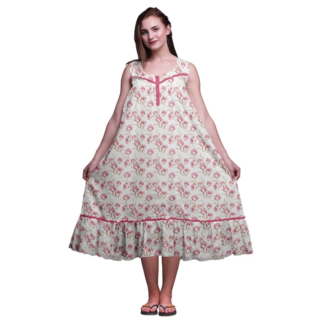 Bimba Rose13 Feuilles Florales et Magnolia Imprimées Chemises de Nuit en Coton pour Femmes Robe Sans Manches Tenue de Nuit Robe Maxi X-Small