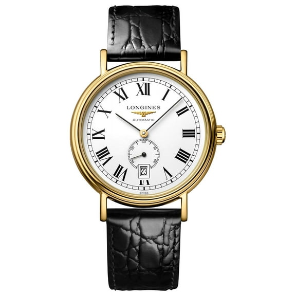 Longines Presence Automatic Yellow Gold PVD White Dial Black Leather Strap Date Mens Watch L4.904.2.11.2