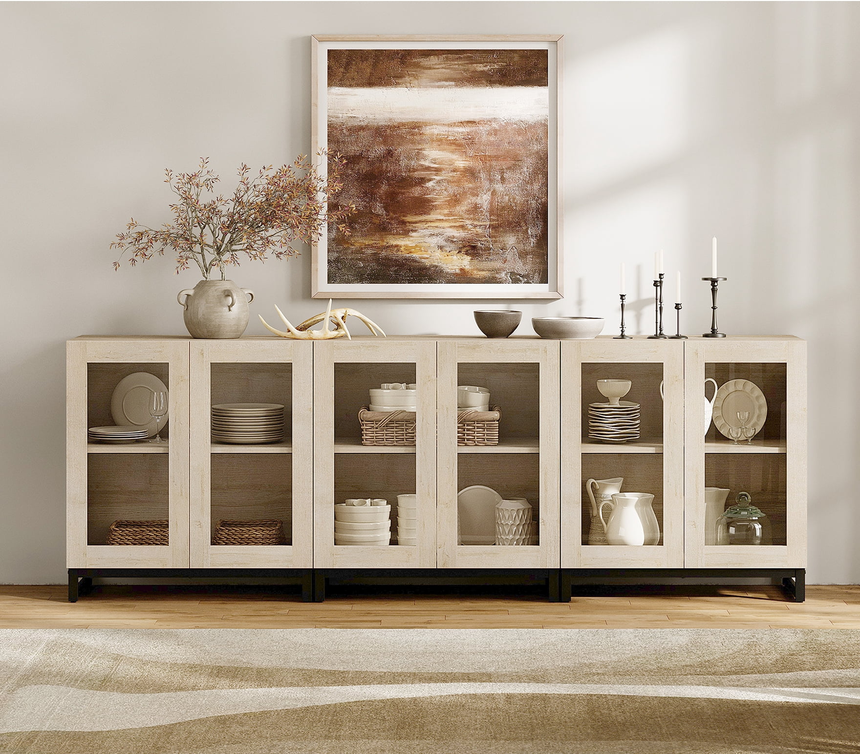 WAMPAT 3-in-1 Multifunctional Sideboard Buffet Cabinet with 6 Glass Doors and Adjustable Shelf Coffee Bar Storage Cabinet for Living Room Kitchen,Beige