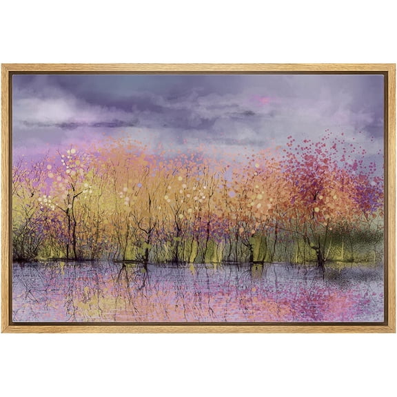 wall26 Framed Canvas Print Wall Art Purple & Yellow Watercolor Forest Reflection Nature Wilderness Illustrations Realism Rustic Scenic Multicolor for Living Room, Bedroom, Office - 16"x24&qu
