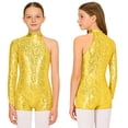 thumbnail image 2 of iiniim Girls Shiny Sequins Oblique Shoulder Gymnastics Leotard Shorts Biketard Bodysuit Jumpsuit Size 6-16 Gold 12, 2 of 7