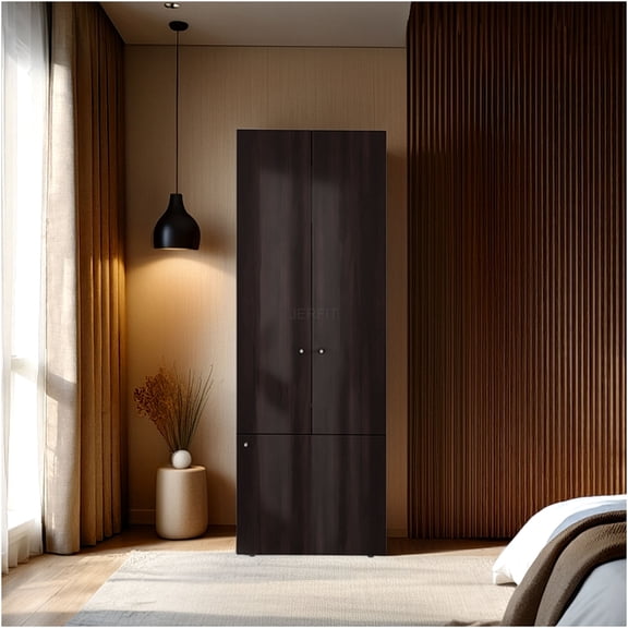 JERFIT 3-Door Armoire Wardrobe with 3 Shelves, Freestanding Storage Cabinet for Bedroom, Multi-Functional Organizer for Clothes, Linens & Accessories, Walnut/Black Finish, Engineered Wood