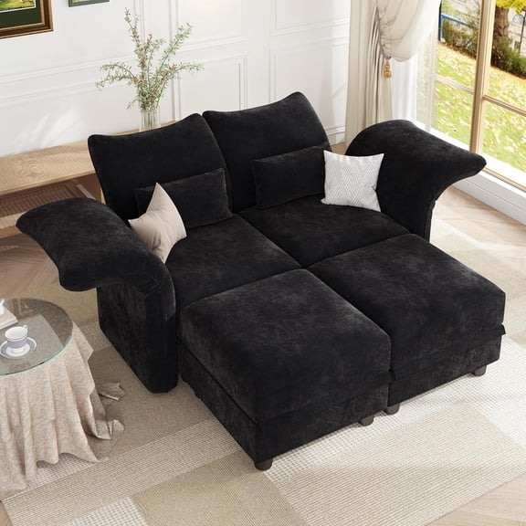 LLappuil Modular Sectional Sofa, 4 Seat Modular Sectional Sofa Convertible Sleeper Sofa Bed, 25.6" Deep Seat Chenille Sofa with Storage Black