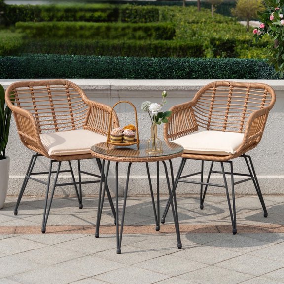 Tappio 3 Piece Outdoor Wicker Furniture Patio Bistro Set, PE Rattan Patio Chairs Set w/Table & Cushions, Modern Outdoor Patio Furniture for Porch Poolside Garden, Beige