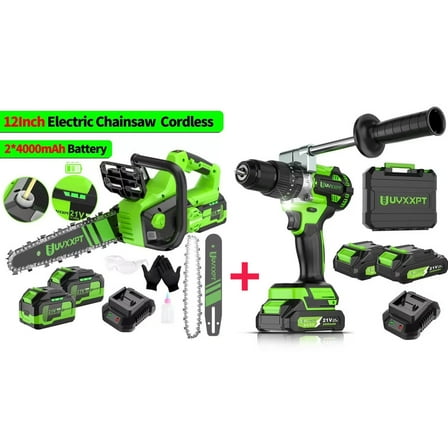 TokScreen 12 Inch Cordless Electric Chainsaw 2 Battery with Electric Impact Driver 2 Battery Cordless 1/2'' Chuck Drill Driver Kit