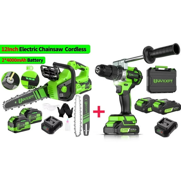 TokScreen 12 Inch Cordless Electric Chainsaw 2 Battery with Electric Impact Driver 2 Battery Cordless 1/2'' Chuck Drill Driver Kit