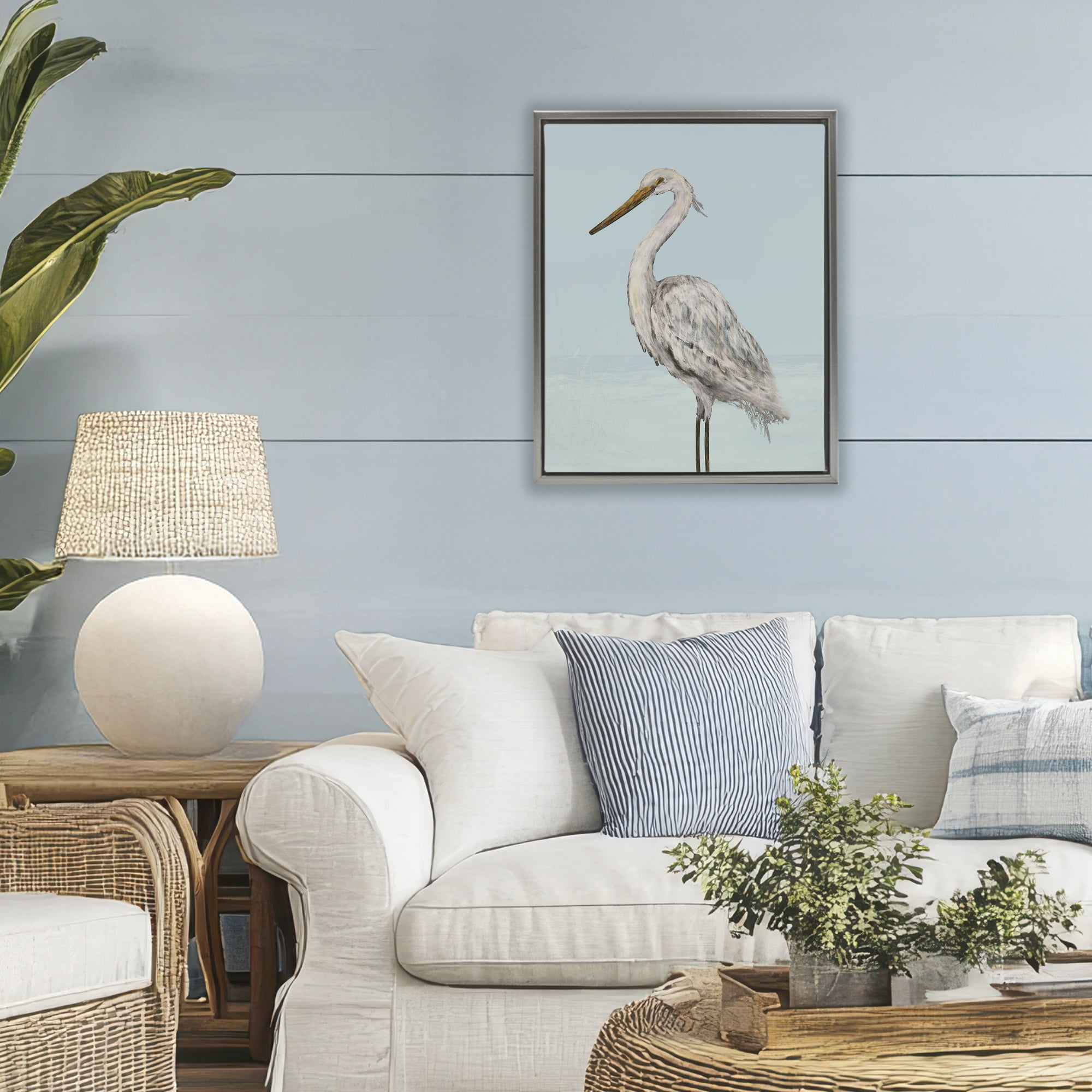 Stupell Industries Coastal Heron Muted Blue Gray Framed Floater Canvas Wall Art, design by Julie DeRice