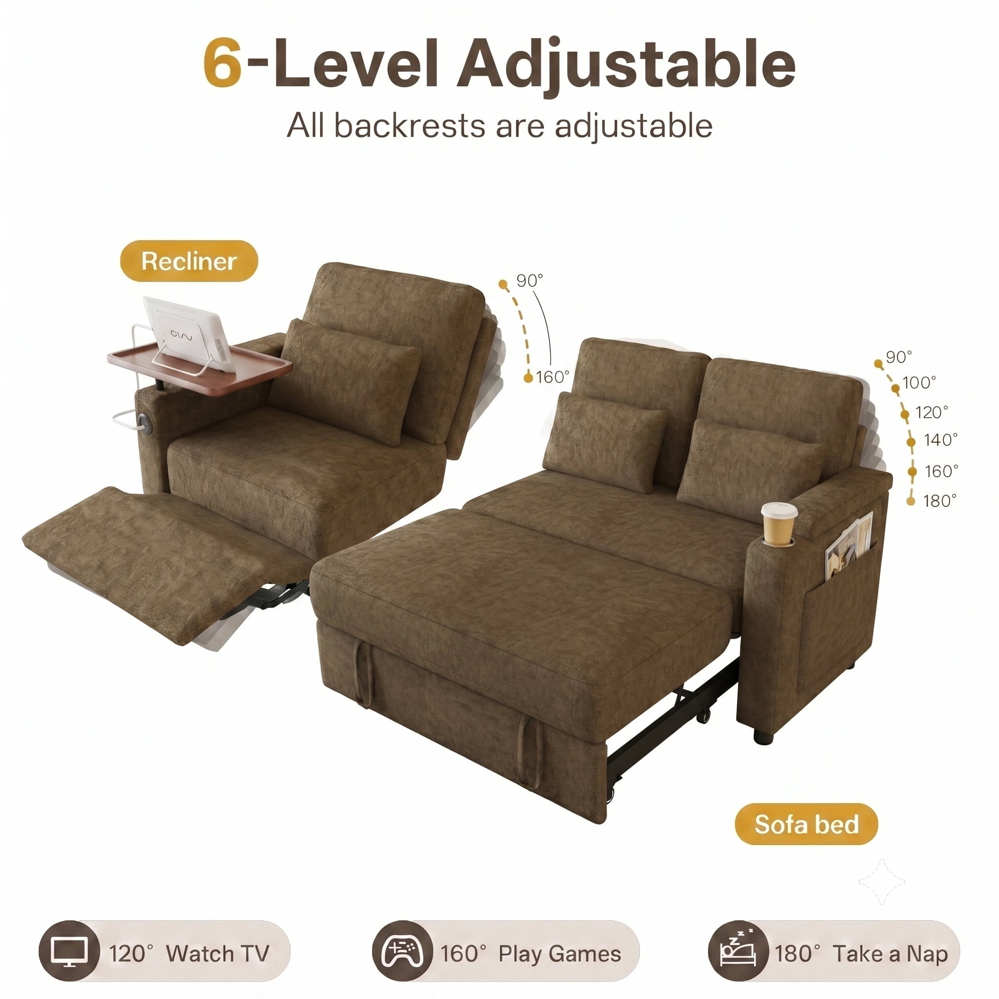 AISWORD 83" 3-in-1 Convertible Pull Out Sofa Bed, 6 Position Adjustable Sleeper Couch with USB Ports, Laptop Table, Cup Holders & Side Storage Pockets, Khaki