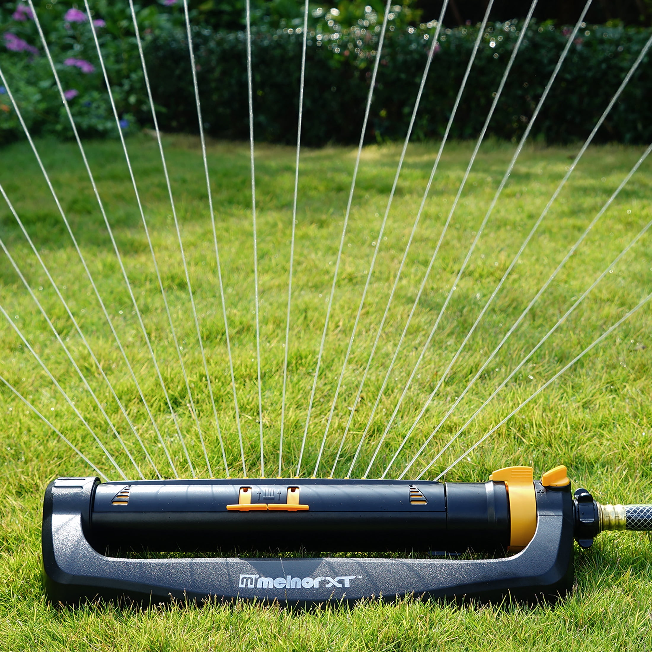 Melnor XT45200 Turbo Oscillating Sprinkler with Flow Control, 4,500 sq. ft., Adjustable Width and Range, Dirt-Resistant Drive - Black, Orange