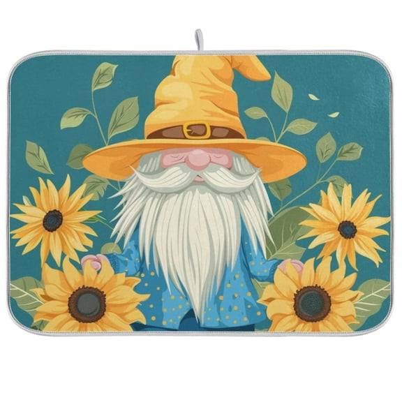 Gnome Sunflowers Leaves Dish Drying Mat Dish Drainer Rack Mats Water Absorbent Non-Slip Easy Clean Heat Resistant for Kitchen Counter