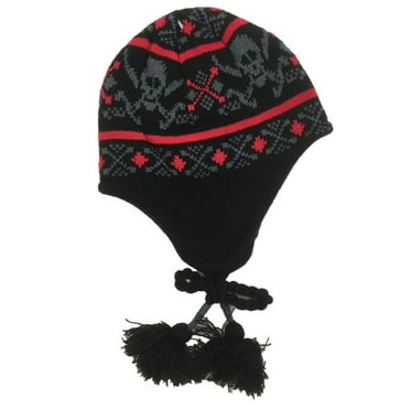 Ben Berger Boys Black & Red Skull Peruvian Beanie Fleece Lined Winter Hat