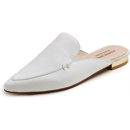 

Women s Fashion Deco Mules Slip On Backless Slide Flats Metal Heel White Vegan Leather Size 7.5 M US