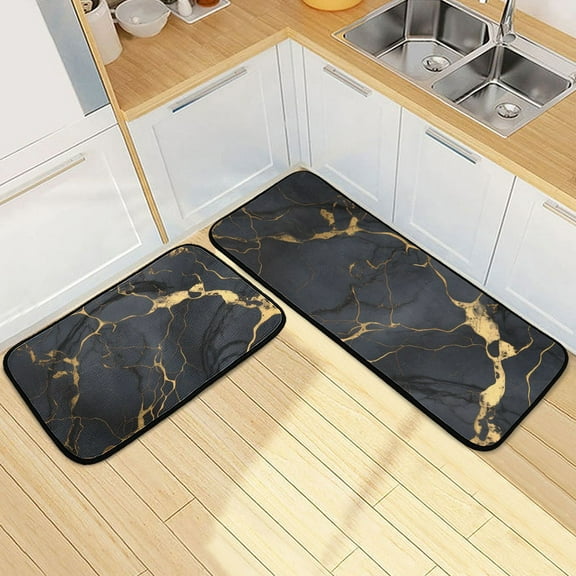 Black and Golden Marble Kitchen Mats Set 2 Piece Non Slip Floor Foam Rugs Cushioned Soft Waterproof Carpet Runner for Dining Room Bathroom Laundry