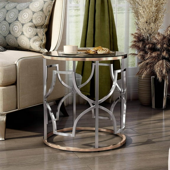 Isla Glass Top Round End Table, Chrome and Gold