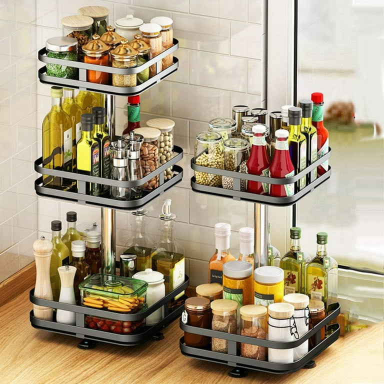 360 Rotating Spice Storage Rack Multifunctional Rotatable Seasoning  Organizer Shelf Non-slip Fridge Tray Kitchen Accessories
