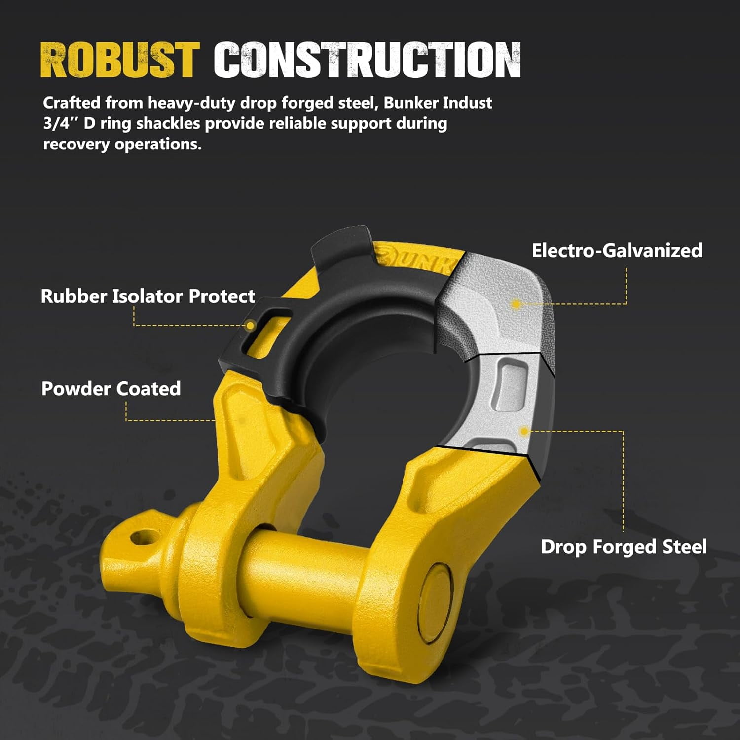 BUNKER INDUST 3/4" D Ring Shackle with 7/8" Pin,Yellow Tow Shackles with Isolator for Use with Tow Strap, Winch, 2 Pack Off-Road Recovery Shackle for Jeep Truck ATV UTV, 42,000lbs Break Strength