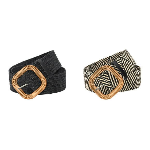 (2-Pack) Kcodviy Women Belt Straw Woven Ringlet Belt Elastic Stretch Wide Waist Mens Belt Belts for Dresses with Color Leather Belts Buckle