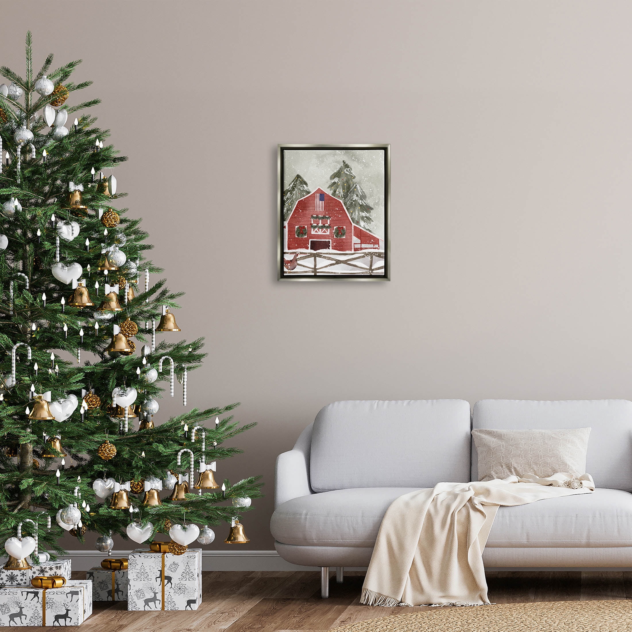 Stupell Industries Americana Barn Holiday Snow Scene Graphic Art Luster Gray Floating Framed Canvas Print Wall Art, Design by Laura Konyndyk