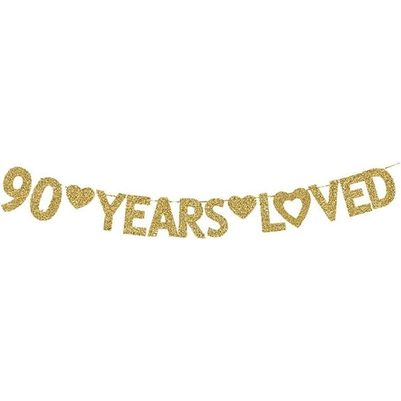 90 Years Loved Banner, Gold Glitter Happy 90th Birthday Party Decorations