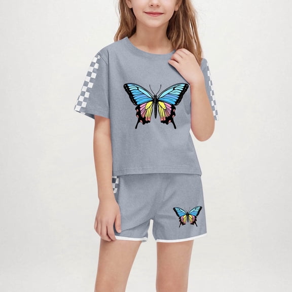 Butterfly and Checkered Sleeve Outfit Sets for Girls Boys - Soft Breathable Summer 2-Piece Shorts and Top , Ages 5-14, Gray