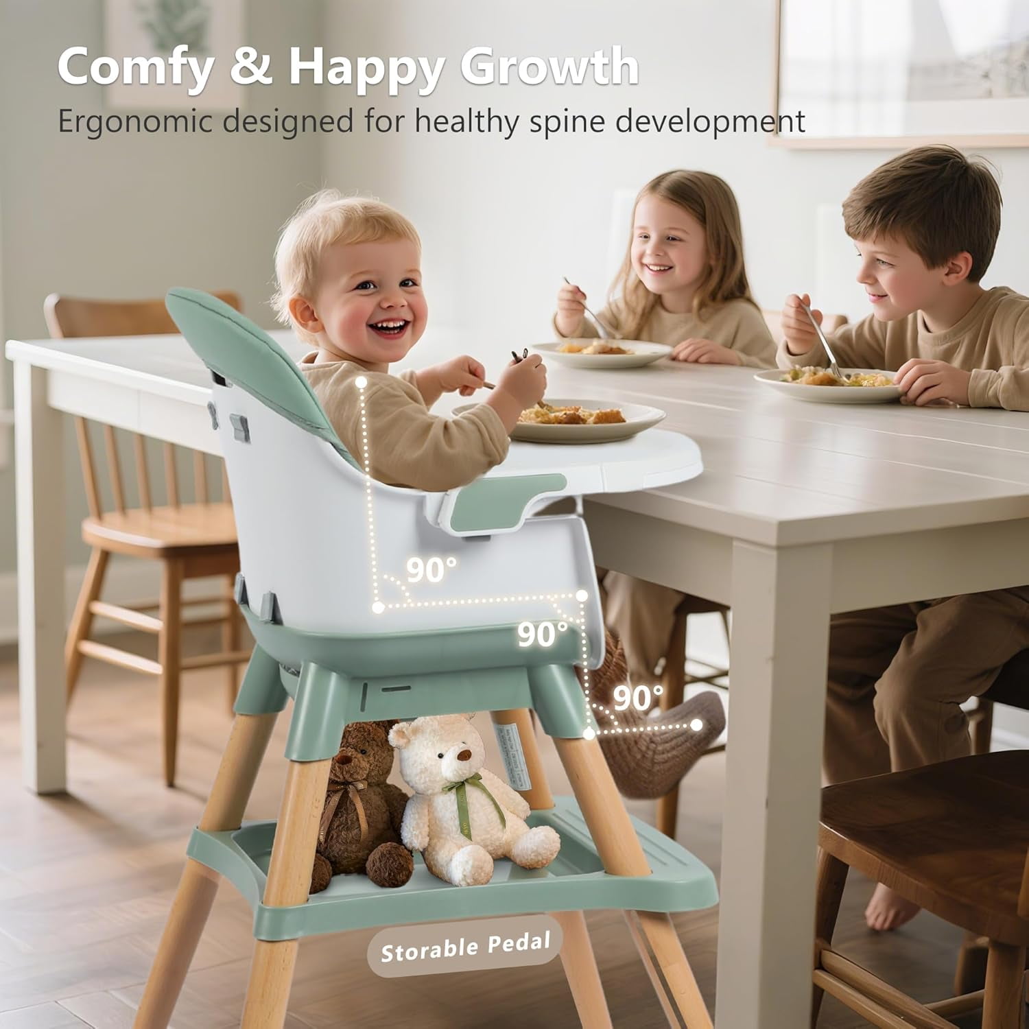 LINLUX Wood Baby High Chair, 7 in 1 Convertible Highchair, Infant Feeding Chair, Toddler Chair Green