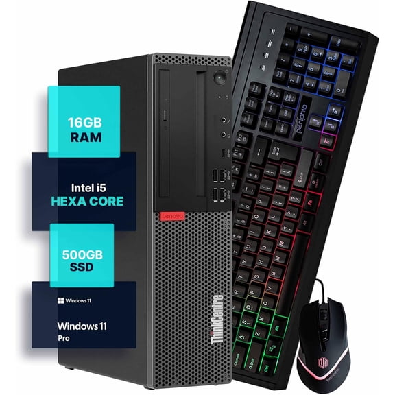 Restored Blair Tech Lenovo M920S Windows 11 Pro Desktop PC | Intel Core i5-8500 3.2 Ghz, 16GB RAM, 500GB SSD, WiFi 6 AX200 + BT 5, Periphio RGB Keyboard & Mouse, Home or Office Computer (Refurbished)