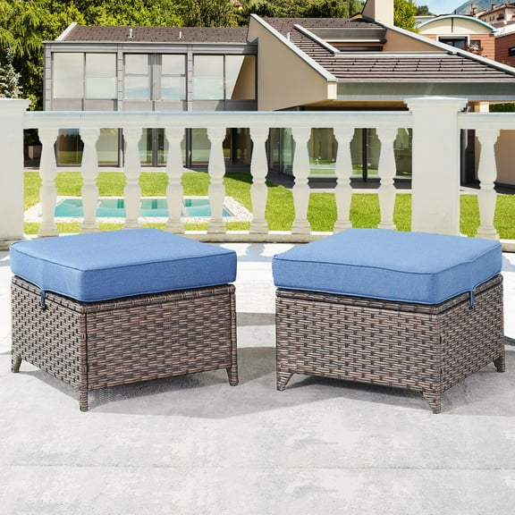 Gymojoy Brown Wicker 2-Piece Outdoor Ottoman Steel Frame Patio Footstools with Blue Cushion