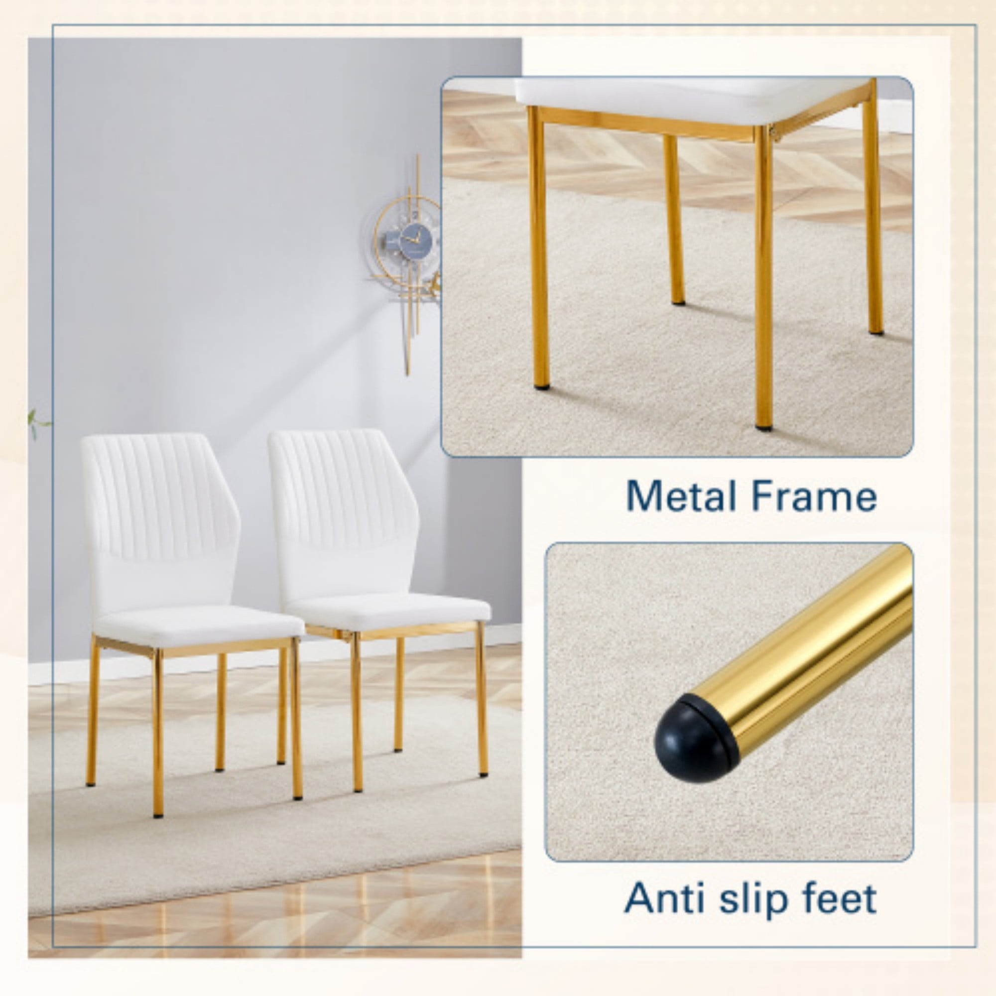 SUDICA Dining Chairs Set of 4,Modern Dining Room Chairs Set of 4,Faux Leather Dining Chairs with Gold Metal Legs,Sturdy White Kitchen Chairs Ideal for Dining Room,Kitchen,Living Room