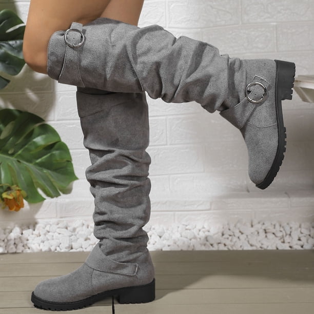 tall grey dress boots Rokment Slouchy for Women Knee High Wide Calf Fashion Buckles Suede Chunky Block Low Heel Casual over The Knee Long Boots Ladies Trocadéro Cocktail Dress