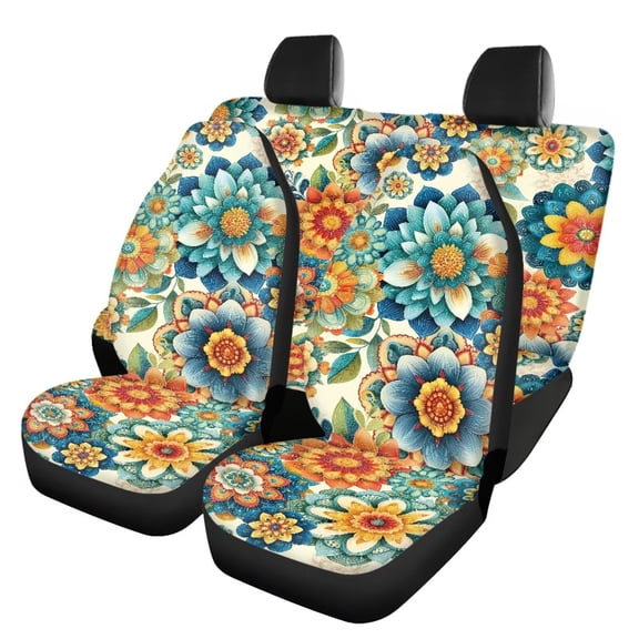 KUIFORTI Boho Floral Car Seat Covers 4 Pcs, Auto Universal Interior Accessories, Front Seats and Rear Bench Cover Protecto for Cars Truck Van SUV Easy to Install