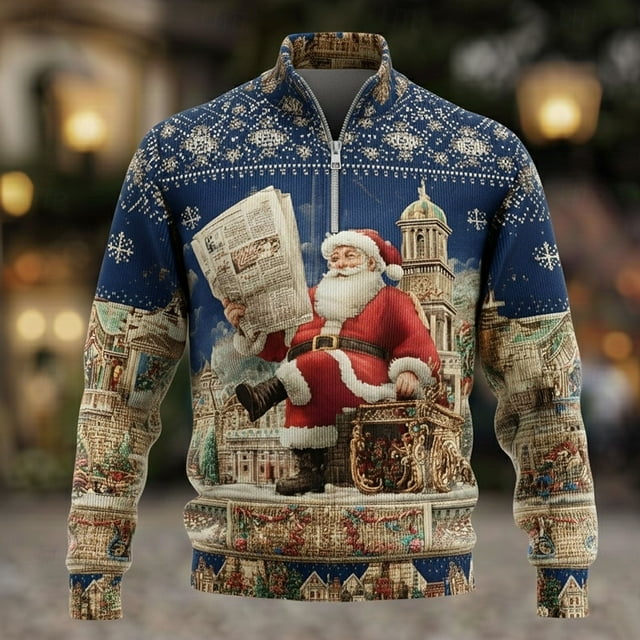 Unique Novelty Print Half Zip Collarless Sweatshirt With Ribbed Texture For A Stylish Casual And Festive In Various Designs Men'S Hoodless Sweatshirt
