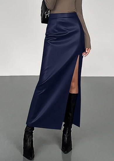 PRETTYGARDEN Womens Faux Leather Skirt Fall Bodycon High Waisted Slit Dressy Casual Winter Maxi Long Pencil Skirts
