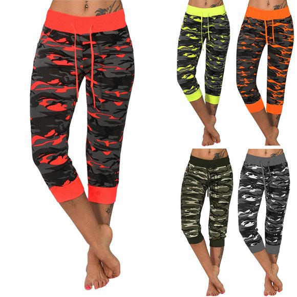 Capri Joggers for Women Camo Print Drawstring Elastic Waisted Pants Skinny Cinch Bottom Capris Summer Running Pants