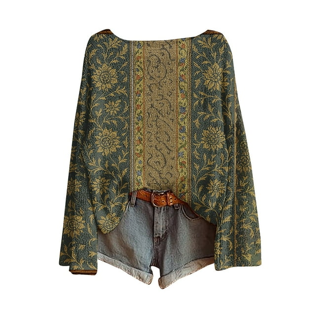 WTXUE Chandail Fair Isle pour Femmes Imprimé Artistique Vintage Fair Isle Chandail Rétro Blouses Légères Hauts Boho Tricot Rétro Automne Décontracté Ample Col Rond Manches Longues Chandail Ample Vert Noirâtre S