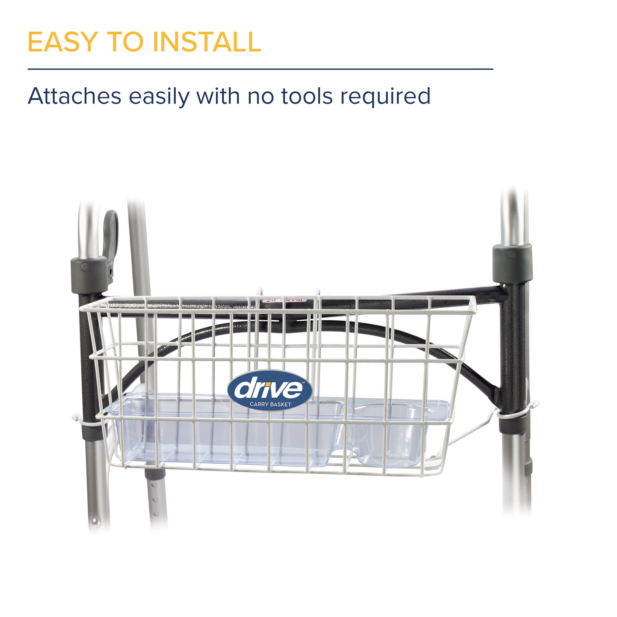 Drive Medical Walker Basket with Plastic Insert Tray and Cup Holder, Aluminum, Compatible with 1" Folding Walkers