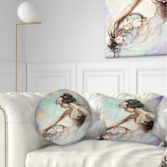 Designart Girl with Flower Bouquet - Floral Throw Pillow - 12x20