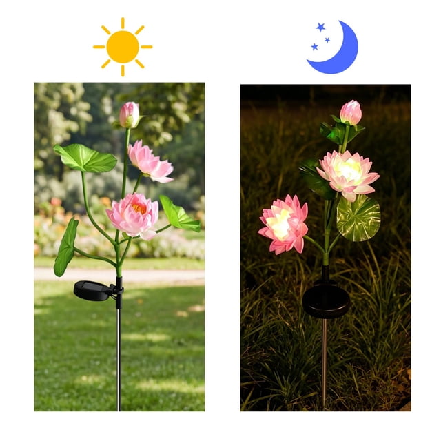 Lámpara de jardín solar de loto, decoración exterior para paisaje con tres cabezas de flor de luz suave, diseño de plástico impermeable tipo enchufe.