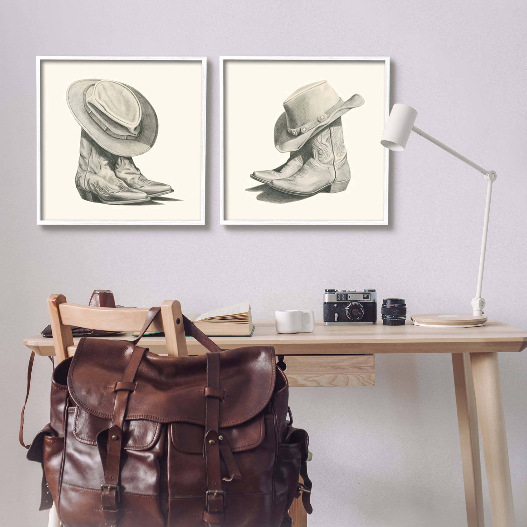 Stupell Industries Rustic Cowboy Boots Beauty & Fashion Drawing White Framed Art Print Wall Art, 24 x 24, Set of 2