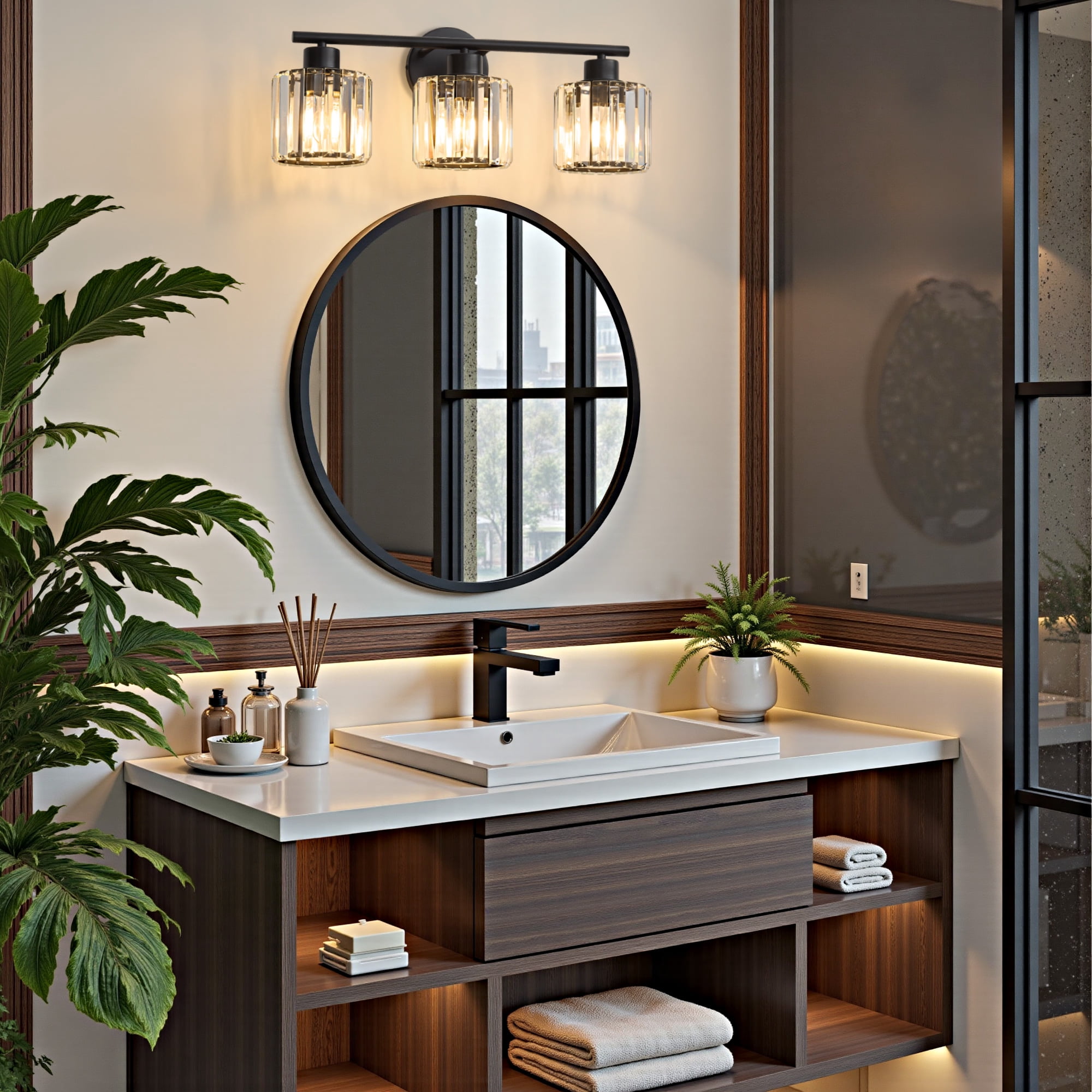 Deyidn Black Vanity Light, 3-Light Modern Bathroom Fixture with K9 Crystal Shades, 22 Inches, Dimmable