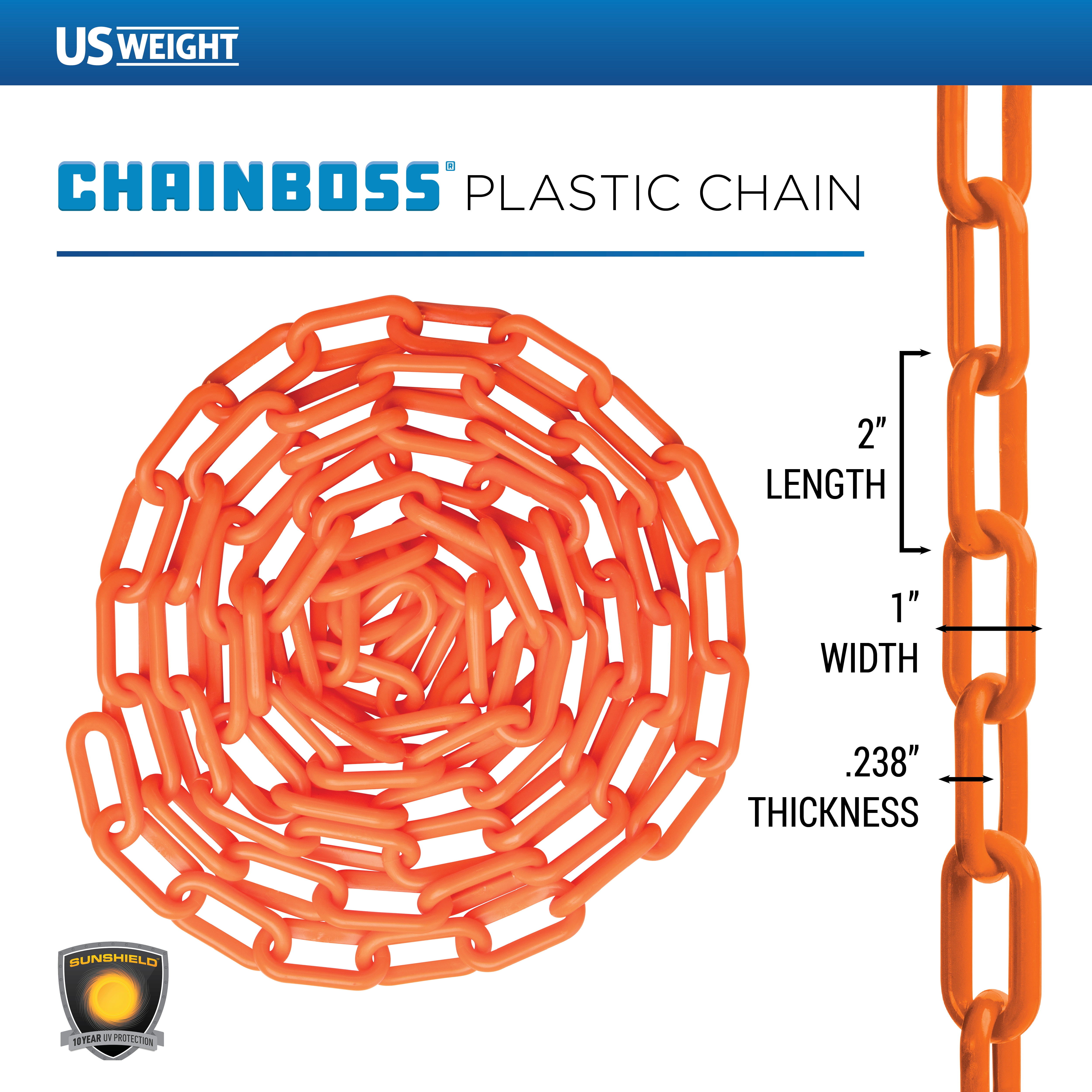 US Weight Chainboss 2" x 500' Orange Plastic Safety Chain with SunShield UV Resistant Technology