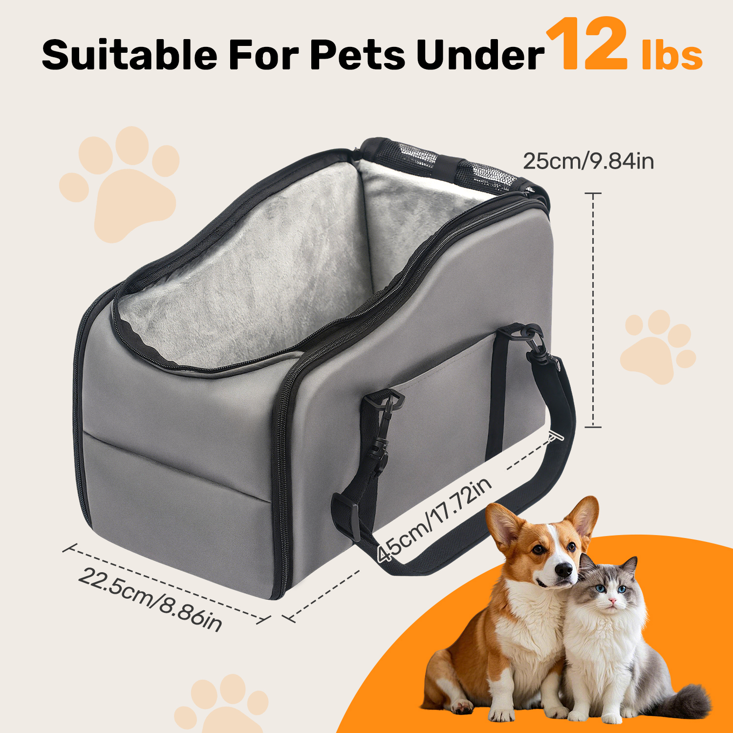 Niubya, Pet Booster Seat For Cars, Dog Car Carrier With Safety Harness, Portable Travel Vehicle Pet Bed for Small Dogs, Cats Easy-Clean & Sturdy Construction, Gray